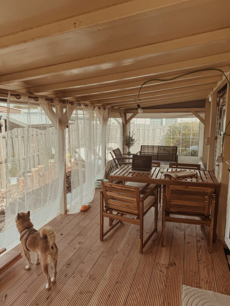 Veranda met eettafel, laptop en hond Lio