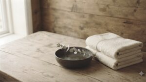Gevouwen handdoeken en een stenen schaal met eucalyptus in een houten wellnessruimte